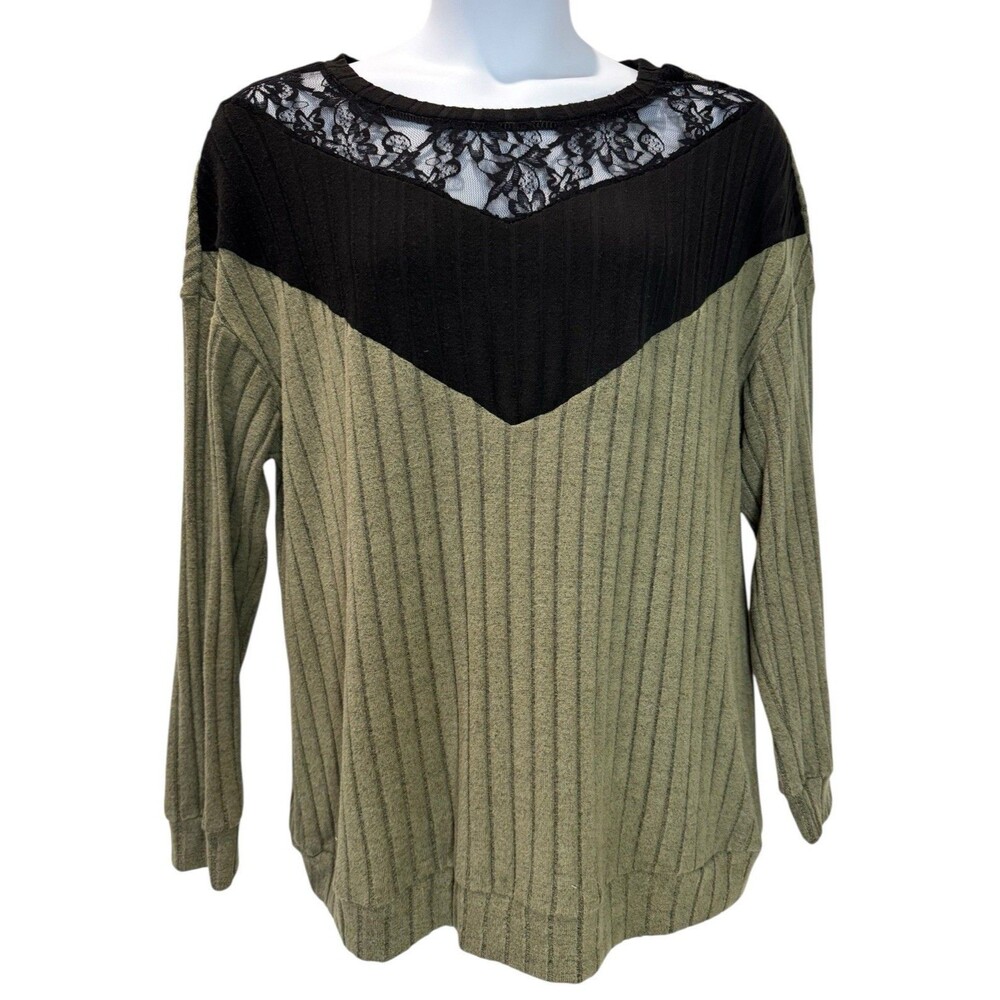 Women’s Ribbed Green & Black Lace Trim Long Sleeve Sweater Top Plus Size 1XL